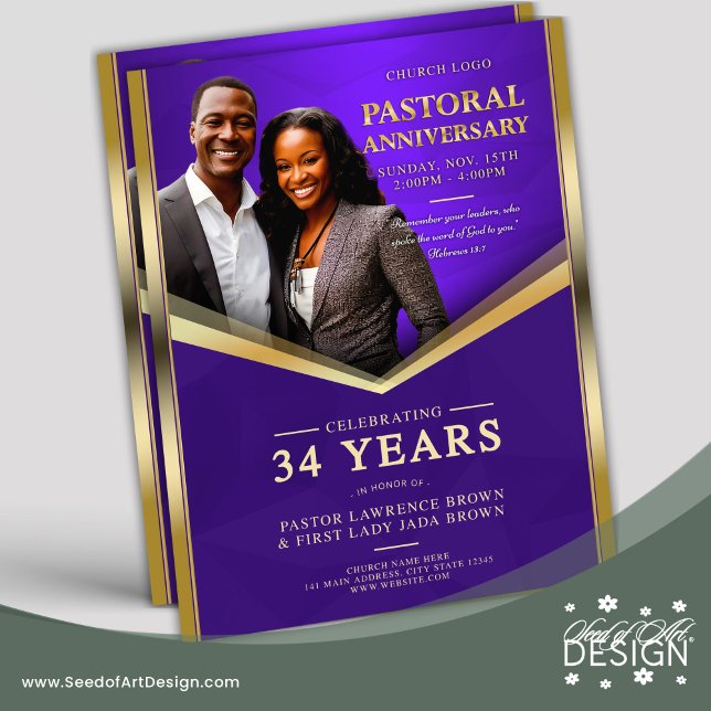 Pastoral Anniversary Purple & Gold Frame Church  Flyer (Creator Uploaded)