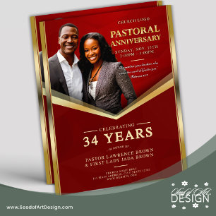 Pastoral Anniversary Red & Gold Frame Church  Flyer