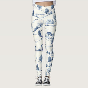 Pastoral Blue Toile Landscape Classic French Leggings