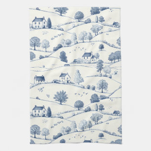 Pastoral Blue Toile Landscape Classic French Tea Towel