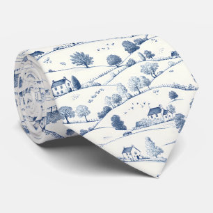Pastoral Blue Toile Landscape Classic French Tie
