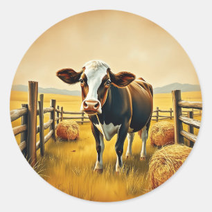 Pastoral Cow with Hay Bales Classic Round Sticker