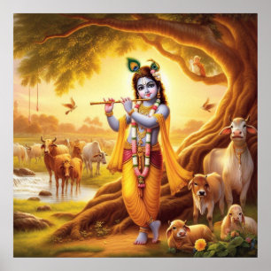 Pastoral Golden Serene Krishna Flute Scene Art Poster
