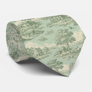 Pastoral Sage Green Toile Countryside Farm Scene 1 Tie