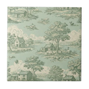 Pastoral Sage Green Toile Countryside Farm Scene 1 Tile