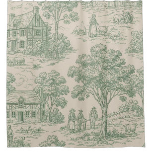 Pastoral Sage Green Toile Countryside Farm Scene 2 Shower Curtain