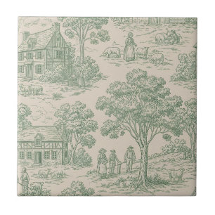 Pastoral Sage Green Toile Countryside Farm Scene 2 Tile