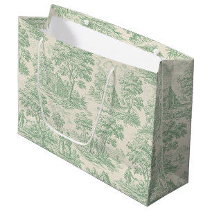 Pastoral Sage Green Toile Countryside Farm Scene 4 Large Gift Bag