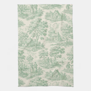 Pastoral Sage Green Toile Countryside Farm Scene 4 Tea Towel