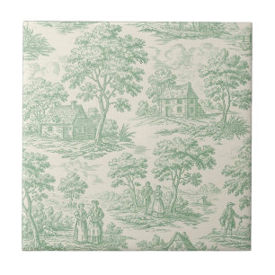 Pastoral Sage Green Toile Countryside Farm Scene 4 Tile