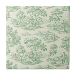 Pastoral Sage Green Toile Countryside Farm Scene 5 Tile
