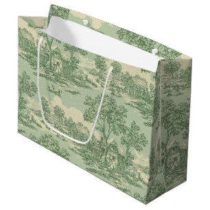 Pastoral Sage Green Toile Countryside Farm Scene 6 Large Gift Bag