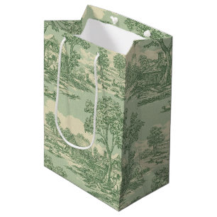 Pastoral Sage Green Toile Countryside Farm Scene 6 Medium Gift Bag