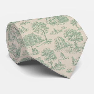 Pastoral Sage Green Toile Countryside Farm Scene 7 Tie