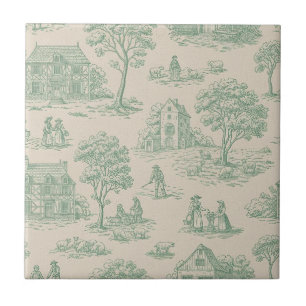 Pastoral Sage Green Toile Countryside Farm Scene 7 Tile