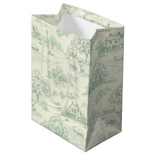 Pastoral Sage Green Toile Countryside Farm Scene 8 Medium Gift Bag