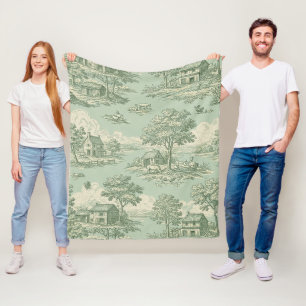 Pastoral Sage Green Toile Countryside Farm Scene Fleece Blanket