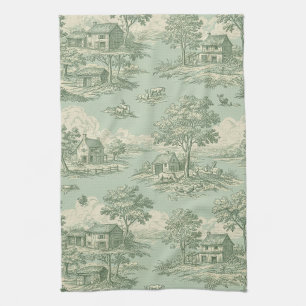 Pastoral Sage Green Toile Countryside Farm Scene Tea Towel