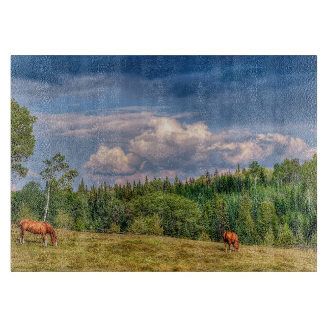 Pastoral Scene with Grazing Horses on a BC Ranch Cutting Board (Front)