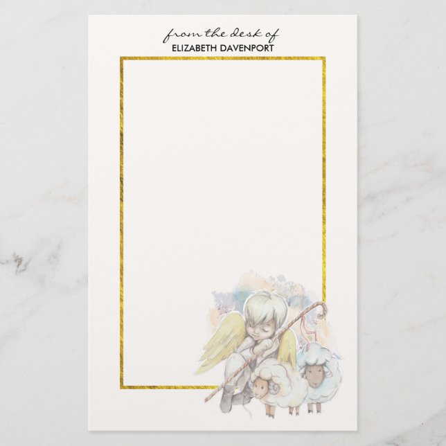 Pastoral Shepherd Angel with Lambs Stationery (Front)
