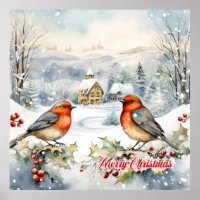 Pastoral watercolor Chrismtas scene two robins