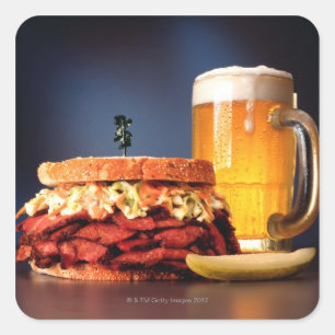 Pastrami sandwich with mug of beer square sticker