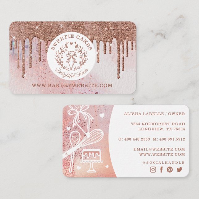 Pastry Bag Bakery Glitter Rose Gold Pink Drips Business Card (Front/Back)