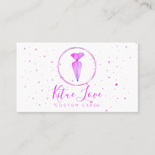Pastry Bag Bakery Pink Logo Custom Cake Designer Business Card (Front)