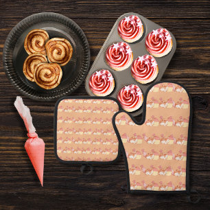 Pastry bags, cinnamon buns, and cupcakes peach oven mitt & pot holder set