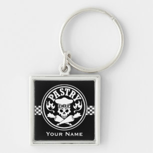 Pastry Chef and Crossed Pastry Bags Black Key Ring