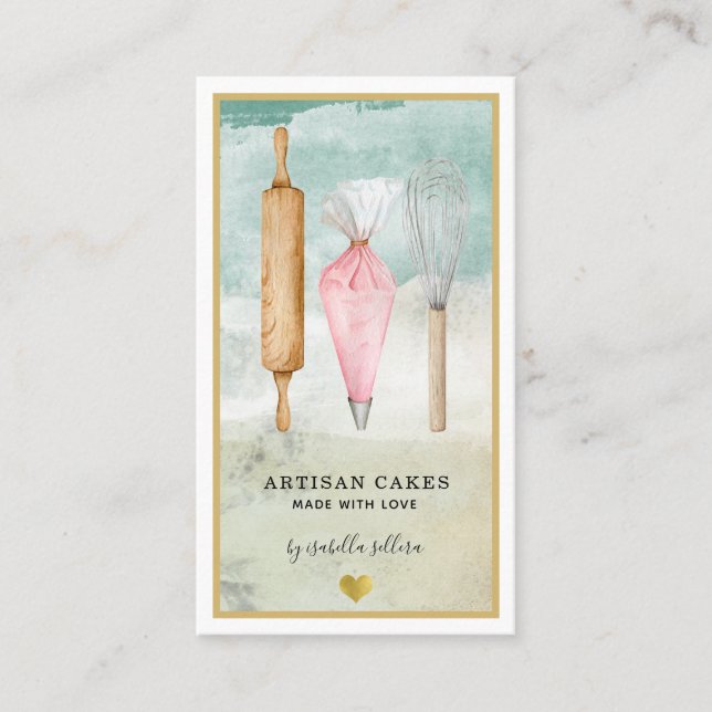 Pastry Chef Baker Pink Gold Watercolor Utensils Business Card (Front)