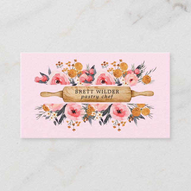 Pastry Chef Baker Rolling Pin Floral Pink Business Card (Front)