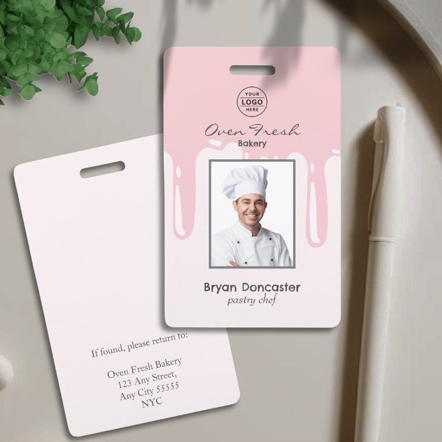 Pastry Chef Bakery Employee Photo Logo Pink ID Badge (Creator Uploaded)
