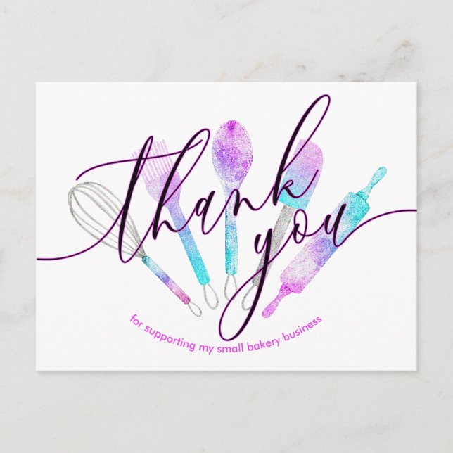 Pastry chef bakery utensils holographic thank you postcard (Front)