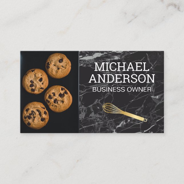 Pastry Chef | Cookies | Whisk | Black Marble Business Card (Front)