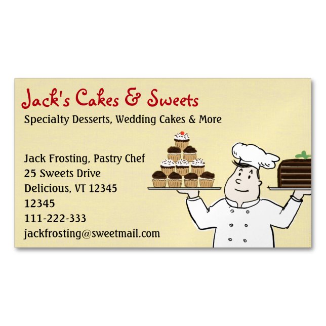 Pastry Chef Holding Cake and Cupcakes Magnetic Business Card (Front)