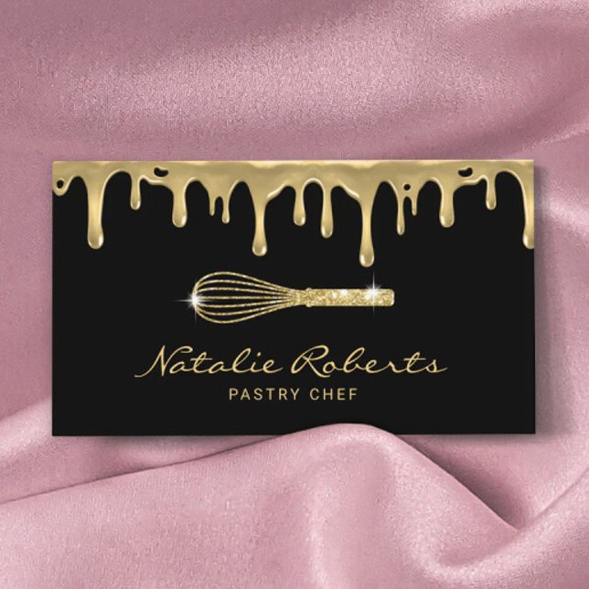 Pastry Chef Modern Gold Drips Whisk Logo Bakery Business Card (Creator Uploaded)