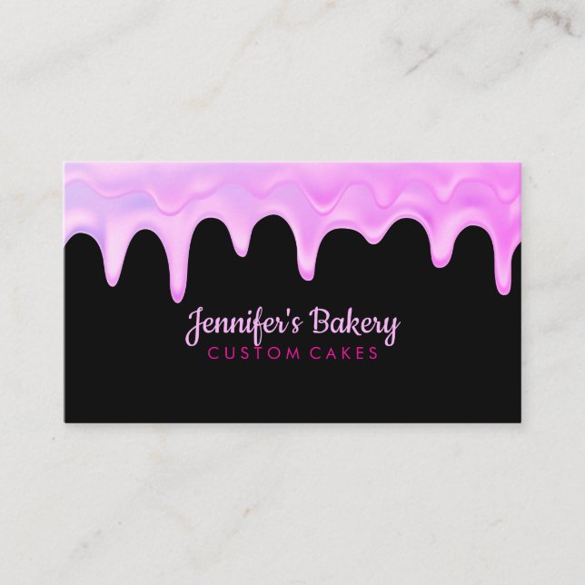 Pastry Chef Pink Black Dripping Cake Bakery Business Card (Front)