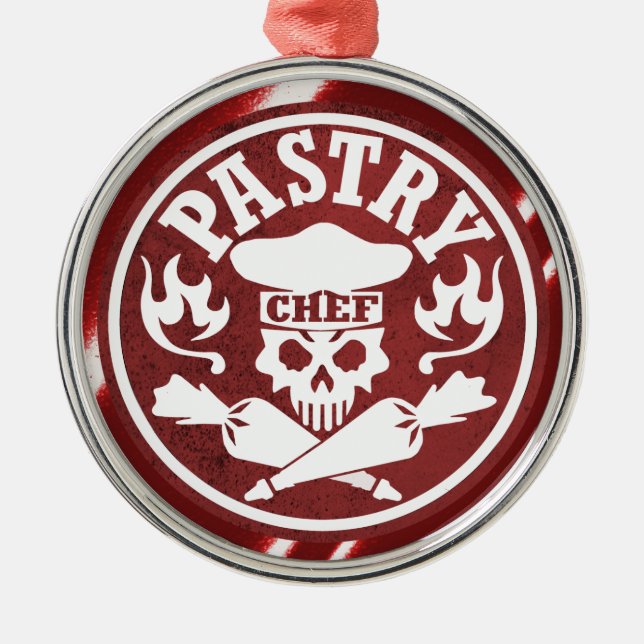 Pastry Chef Skull and Crossed Pastry Bags Red Metal Tree Decoration (Front)