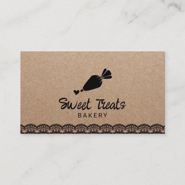 Pastry Cupcake Bakery Cute Black Laced Kraft  Business Card (Front)