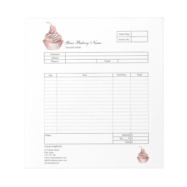 Pastry Cupcake Bakery Order Form Invoice  Notepad (Front)