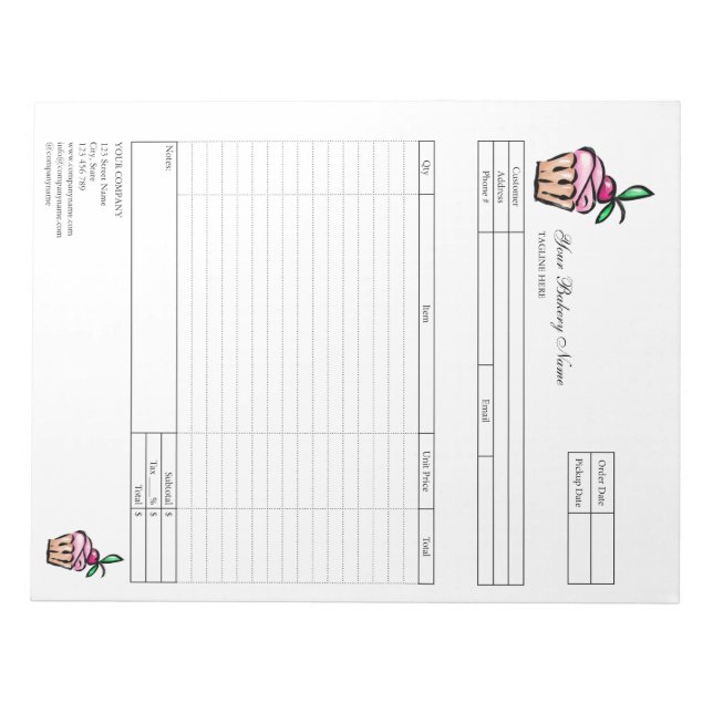 Pastry Cupcake Bakery Order Form Invoice  Notepad (Front)