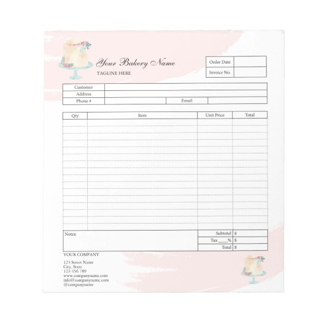 Pastry Cupcake Bakery Order Form Invoice  Notepad (Front)