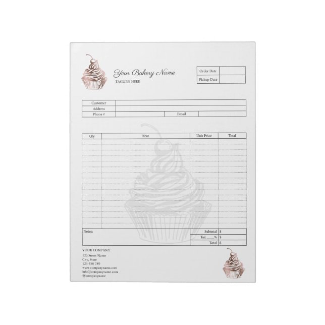 Pastry Cupcake Bakery Order Form Invoice  Notepad (Rotated)
