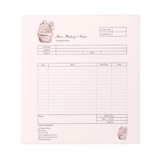 Pastry Cupcake Bakery Order Form Invoice  Notepad (Front)