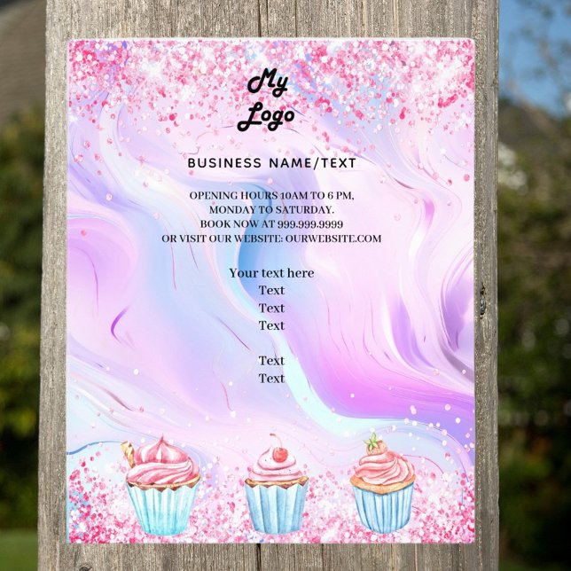 Pastry shop bakery holographic pink cupcakes logo flyer (Creator Uploaded)