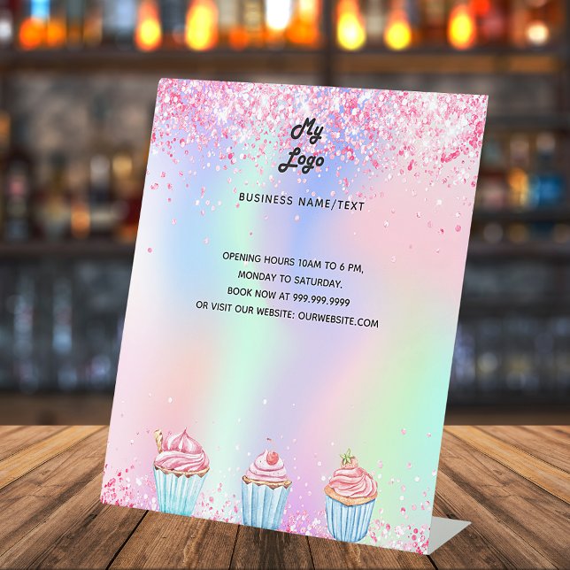 Pastry shop bakery logo holographic menu price pedestal sign (Creator Uploaded)