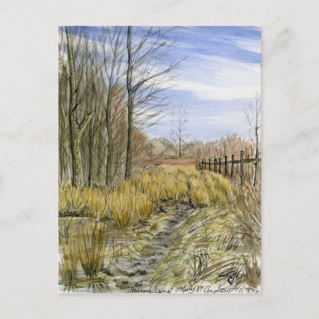 "Pasture Lane in Early March" watercolor landscape Postcard (Front)