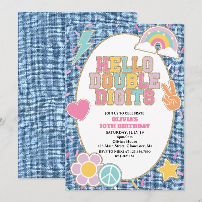 Patch Denim Hello Double Digits 10th Birthday Invitation (Front/Back)