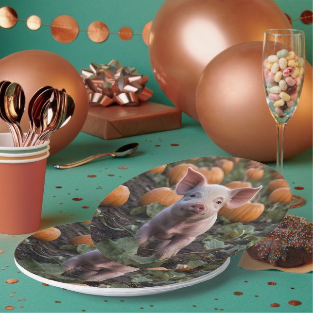 **"Patch of Joy: A Happy Baby Pig Among Pumpkins"* Paper Plate (Multi)